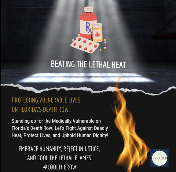 Prescription bottles and pills with words: Gwords: "Beating the Lethal Heat -- Protecting vulnerable lives on Flordia's death row. Standing up for the Medically Vulnerable on Florida's Death row. Let's fight against deadly deat, protect lives, and uphold human dignity! Embrace humanity, reject injustice, and cool the lethal flames!" #CoolTheRow