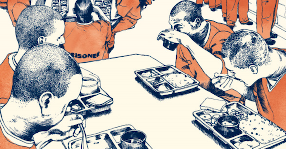 drawing of cafeteria filled with where men in prison jumpsuits, centered are four men at a table with trays of food.