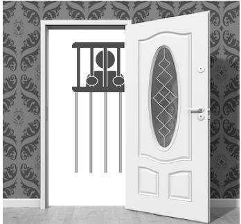 residential door opens to show a stylized figure behind bars just beyond the threshhold