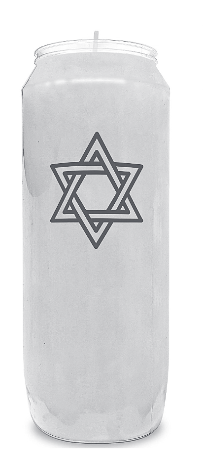 Tall memorial candle in clear glass jar with star of david outlined near top