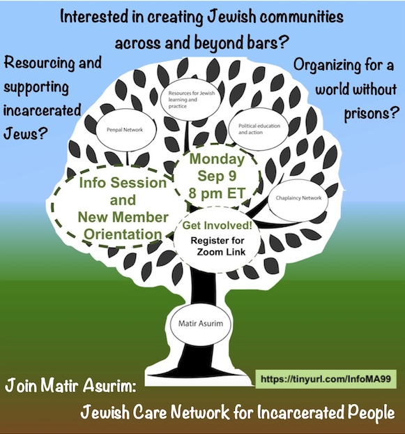 Visual view of announcement set atop "MA Tree" graphic: Matir Asurim Tree with effort-branches: Penpal Network, Resources, Political Education, Chaplaincy Network 