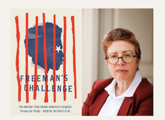 author and book cover. Book cover is red white and blue design showing silhouette of person behind bars. Author is white woman with short styled hair and round-rimmed eye-glasses wearing bright suit jacket and collared shirt